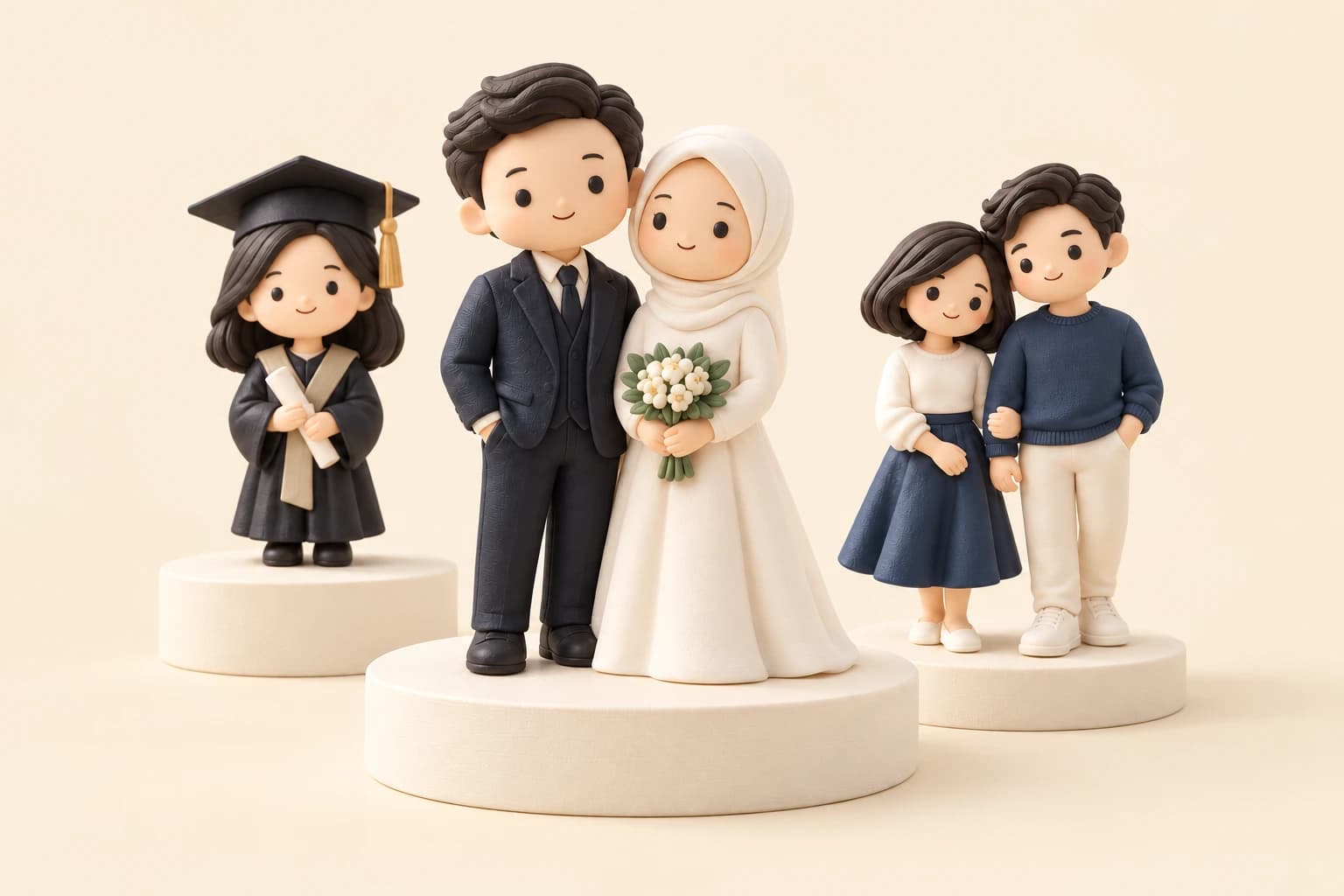 Ilustrasi konsep miniatur wisuda, pernikahan, dan anniversary dalam warna ivory dan navy