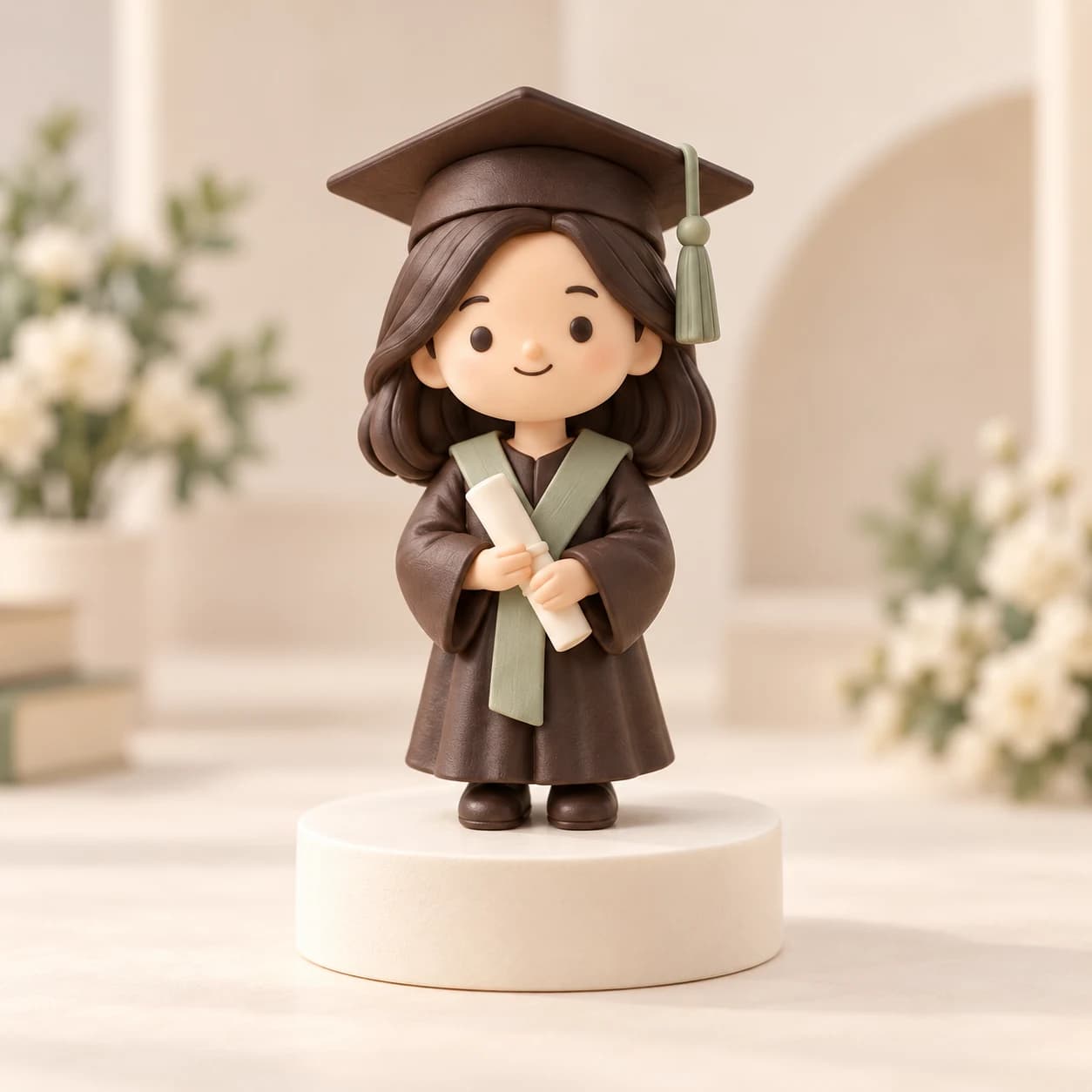 Ilustrasi miniatur wisudawati bertoga dengan ijazah di atas alas bundar